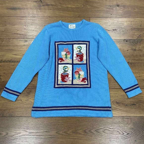 Quacker Factory Sweater Tunic Women Medium Embroidered Sea Life Seashell Coastal - Picture 1 of 12